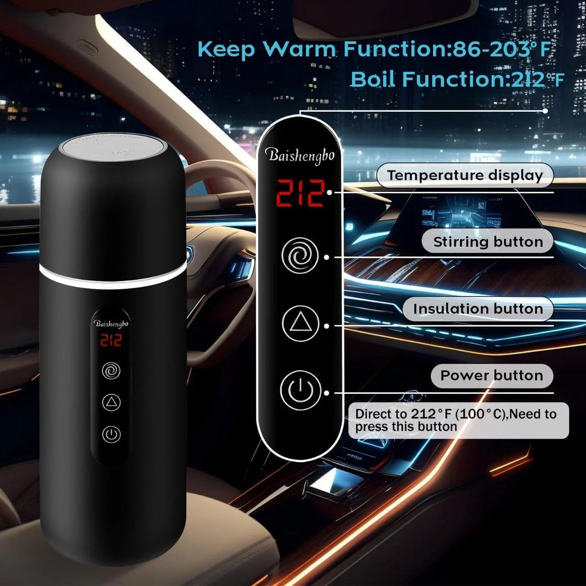 420ml Portable Car Heating Cup Electric Kettle 304 LED Smart Temperature Control Warmer Stirring Cup Heating Bottle Mixing Cup
