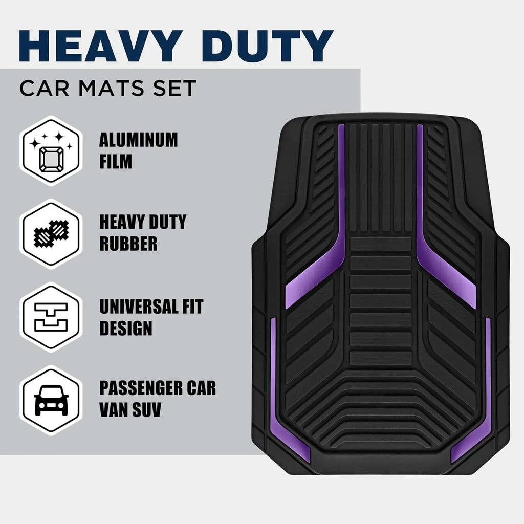 Heavy Duty Rubber Floor Mats, Purple Aluminum Film Car Mats Set, Front and Rear Car Mats with Anti-Slip Backing, All Weather Protection, Trim-to-Fit for Automotive SUV, Sedan, Van