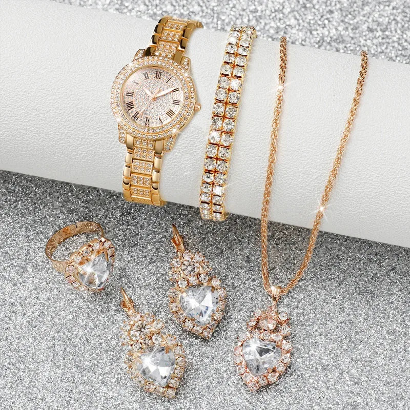 6PCS/Set Fashion Full Diamond Women's Watch Gold Steel Band Quartz Watches Diamond Jewelry Set