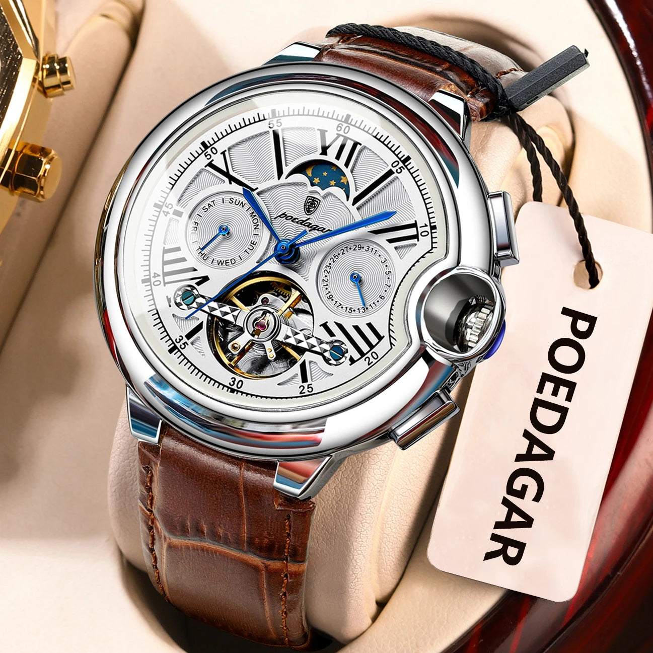 POEDAGAR Luxury Business Male Watch Date Week Stainless Steel Tourbillon Men Clock Waterproof Automatic Mechanical Men's Watches