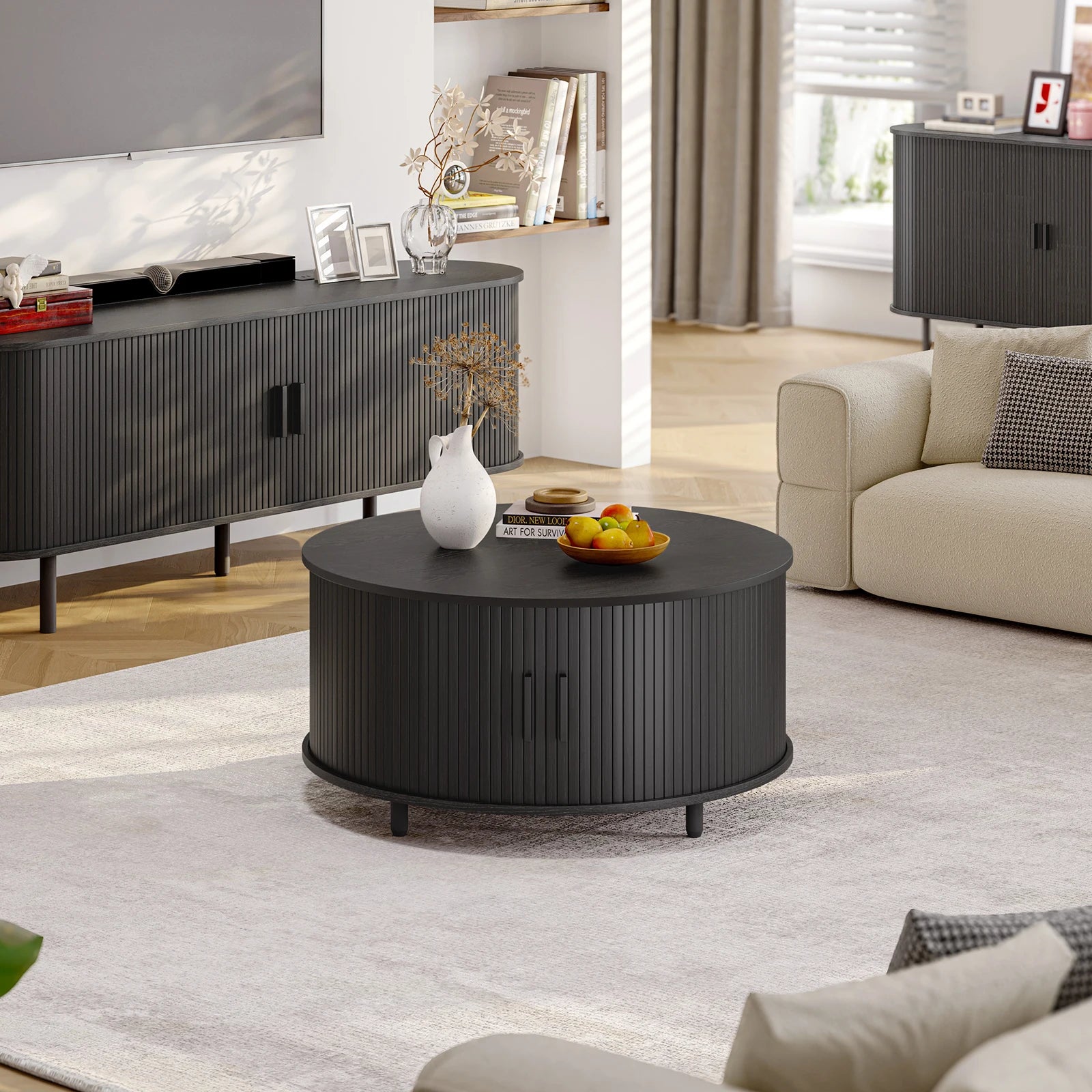 Round Coffee Table with Storage, 31.5 In Drum Coffee Table with 360° Curved Sliding Door, ModernFluted Wood Accent Coffee Tablee