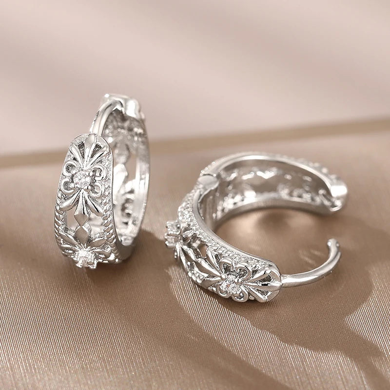 HuitanTrendy Women Hoop Earrings Hollow Out Design Wedding Party Elegant Jewelry Silver Color/Gold Color Inlaid CZ Accessories