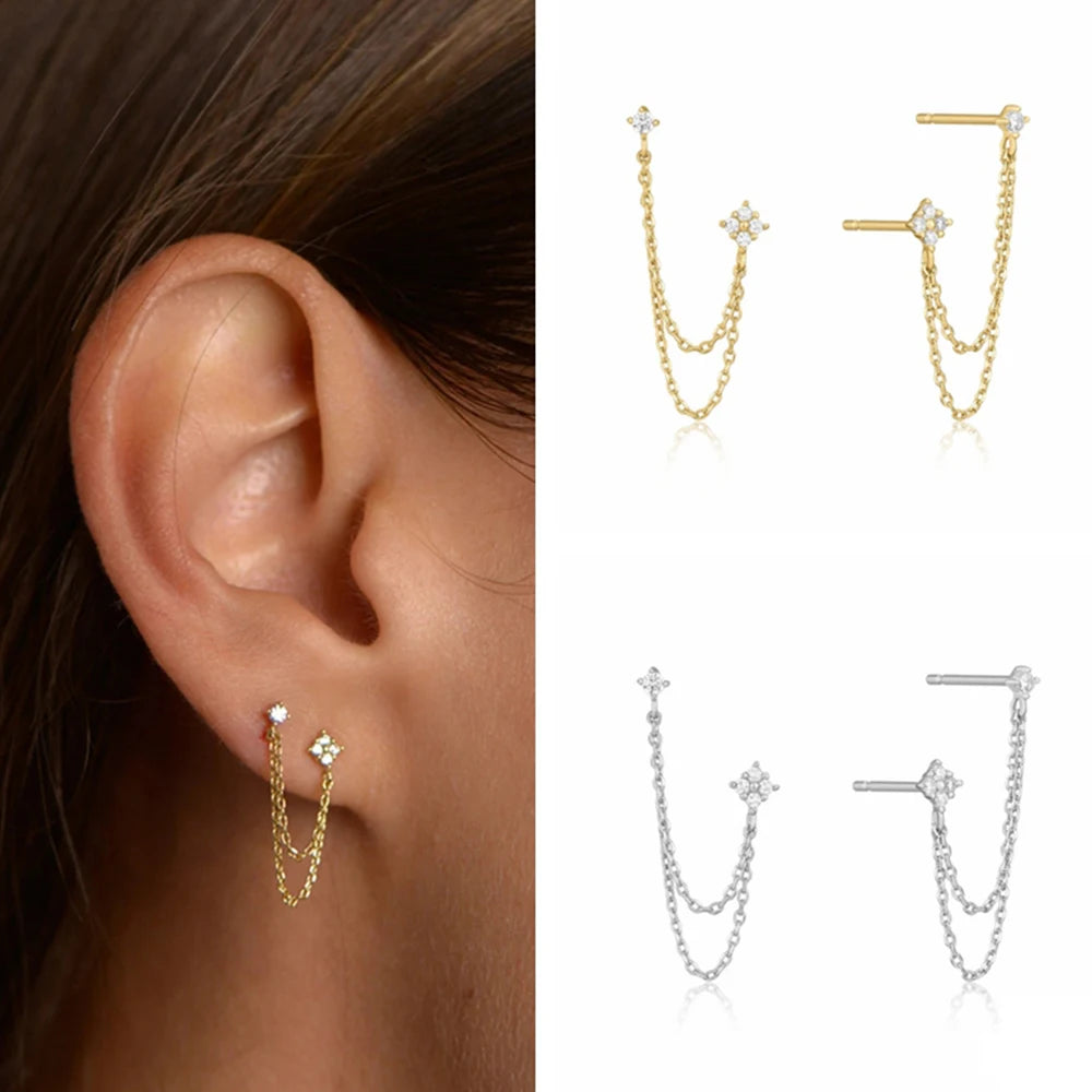 Huitan New Arrival Double Ear Studs Tassel Chains Hanging Earrings for Women Ear Piercing 3 Metal Color Luxury CZ Hot Jewelry
