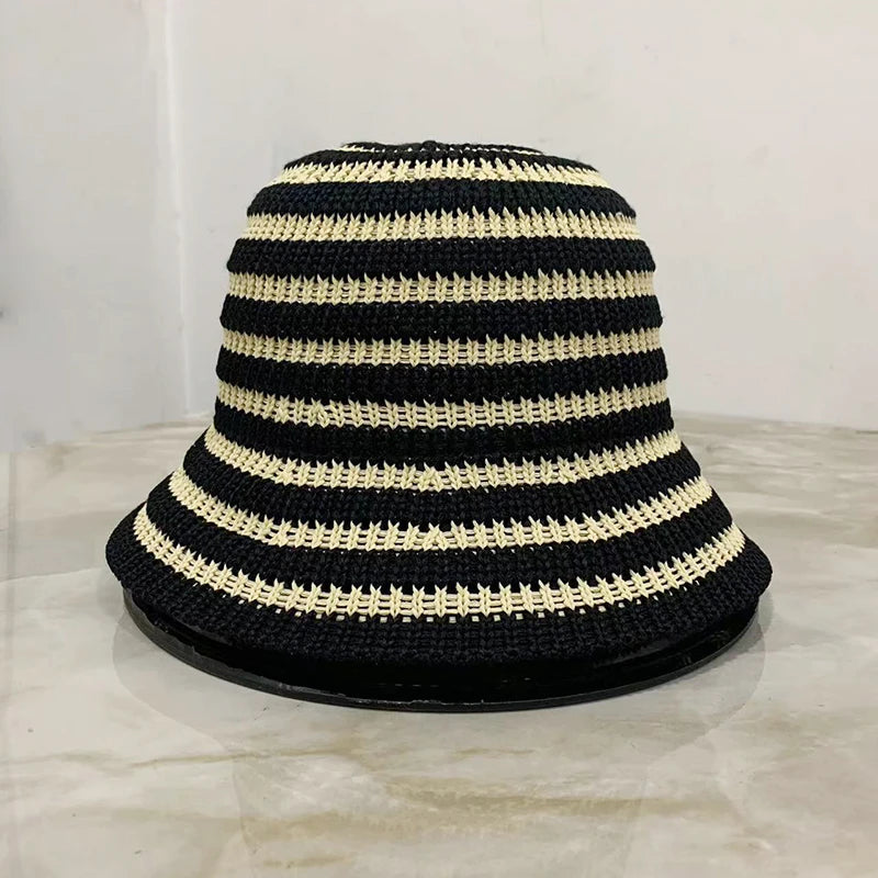 Striped Hollow Women Bucket Hat Spring Summer Outdoor Sunscreen Weave Breathable Fisherman Cap Fahsion Versatile Travel Panama