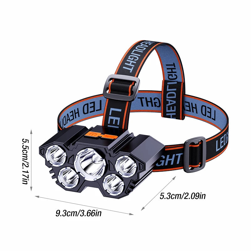 5LED Strong Light Headlamp Rechargeable Waterproof Outdoor Fishing Long Range Headlamp