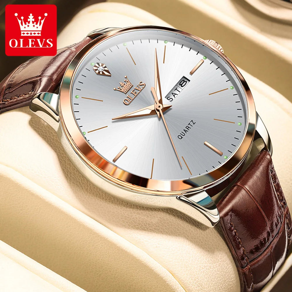 OLEVS 2935 Fashion Business Brand Men Watches Leather Strap Trend Week Calendar Quartz Watch Luminous Waterproof 43mm Dial