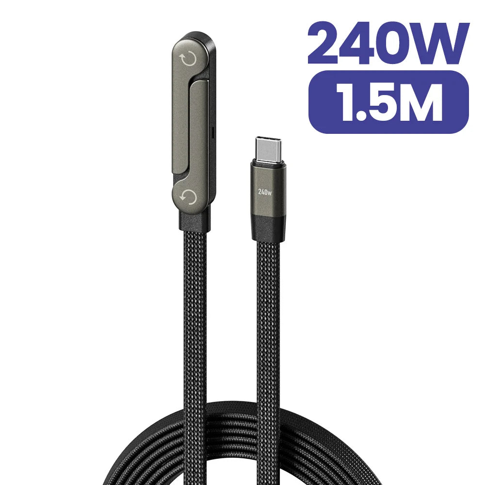 240W 2-in-1 Type C to USB C Fast Charging Data Cable Foldable Phone Holder Type C Fast Charging cabo For iPhone 17 Black/Orange