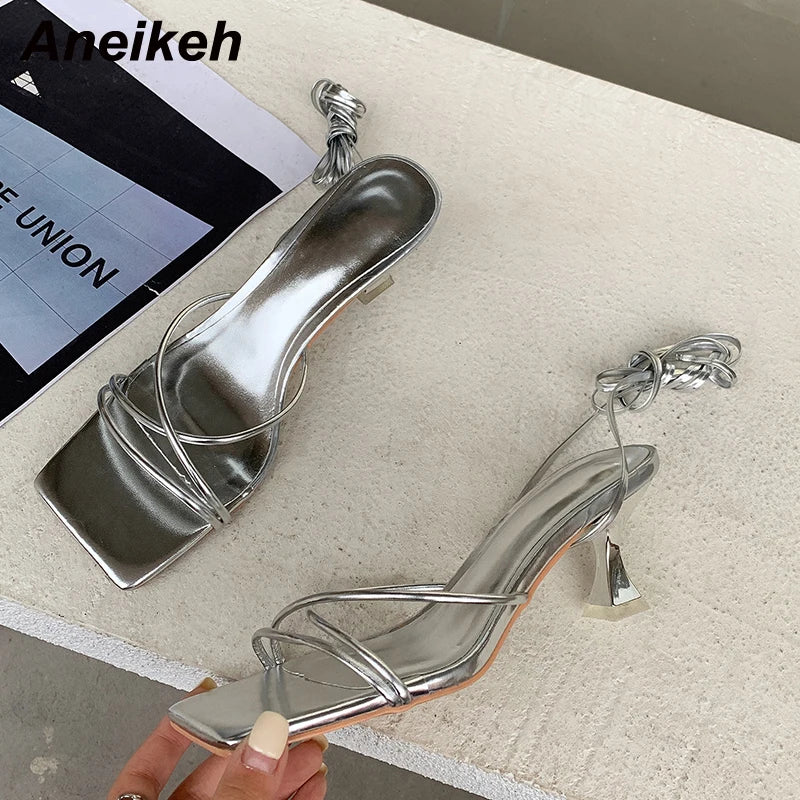 Aneikeh 2025 Fashion Patent Leather Sandals Thin Low Heel Cross-tied Lace Up Rome Summer Gladiator Women Narrow Band Party Shoes