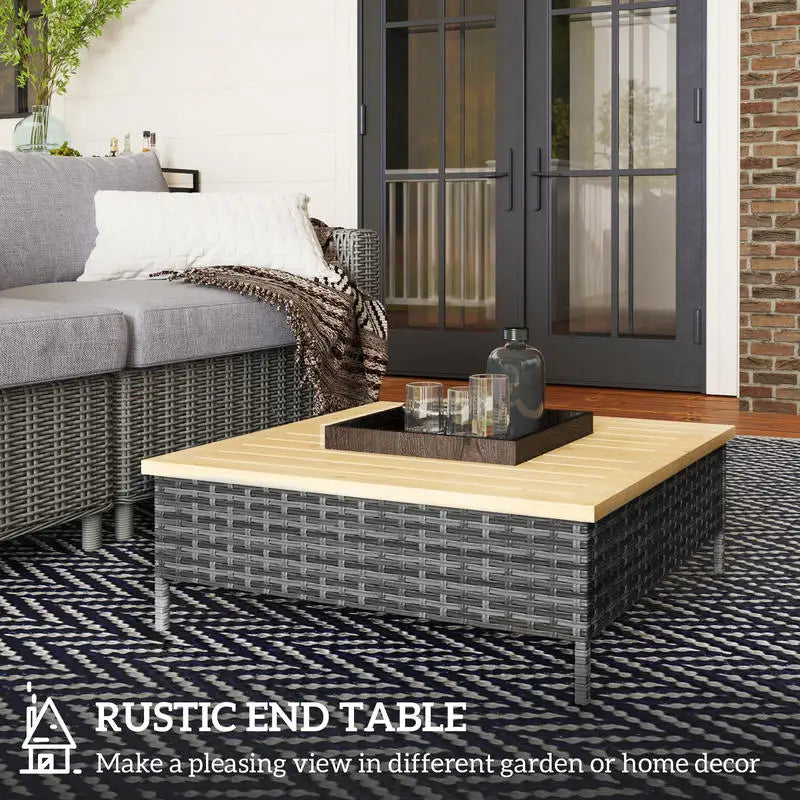 Outdoor Side Table with PE Rattan, Patio End Table with Natural Fir Wood Top, Weather Resistant Accent Table for Patio Pool P