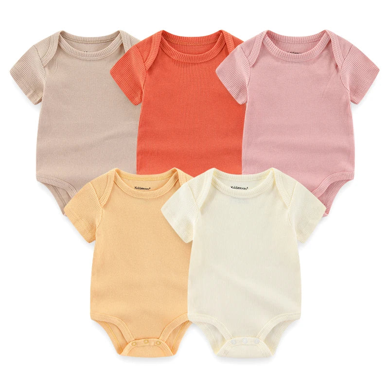 Newborn Bodysuits Unisex 5Pieces Baby Girl Clothes Solid Color Cotton Baby Boy Clothes Set Cartoon Print Summer Bebes