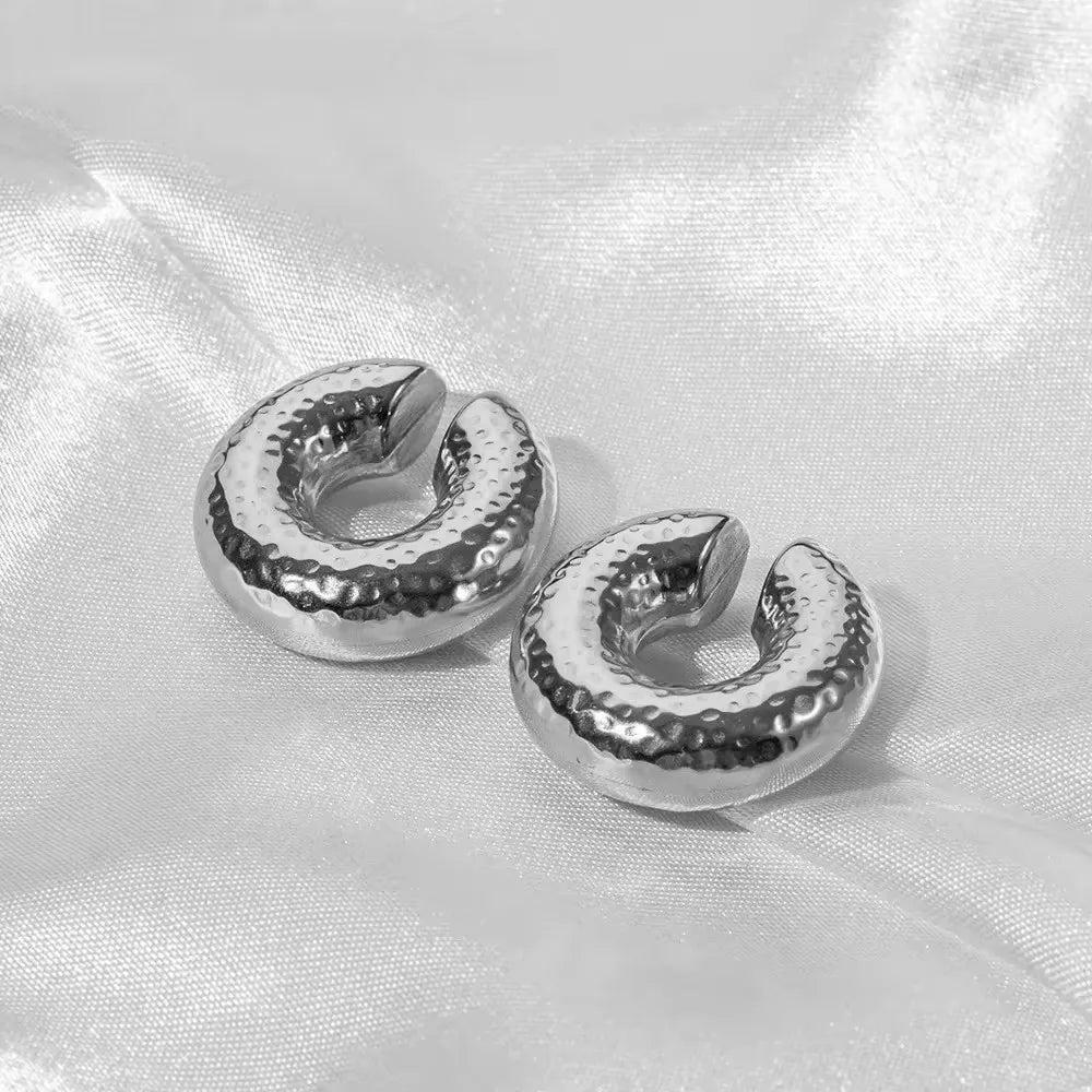 Punk Vintage Chunky Geometric Round Ear Cuff Stainless Steel Metal Texture Thick C Shape Non Piercing Ear Clip