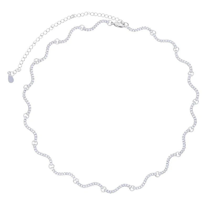 Micro Paved Sparking 5A CZ Fashion Women Choker Geometric Curved Bar Wave Charm Necklace