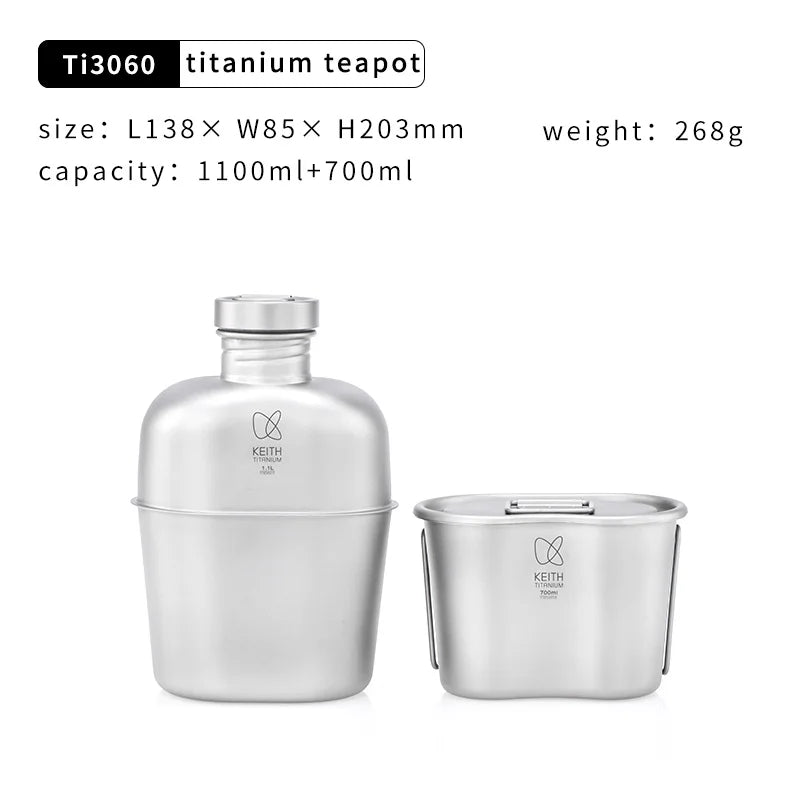 Professional Military Titanium Water Bottle 1100ml with Pot 700ml - Keith Pure Ti Canteen Kit for Outdoor Camping Hunting Emerge
