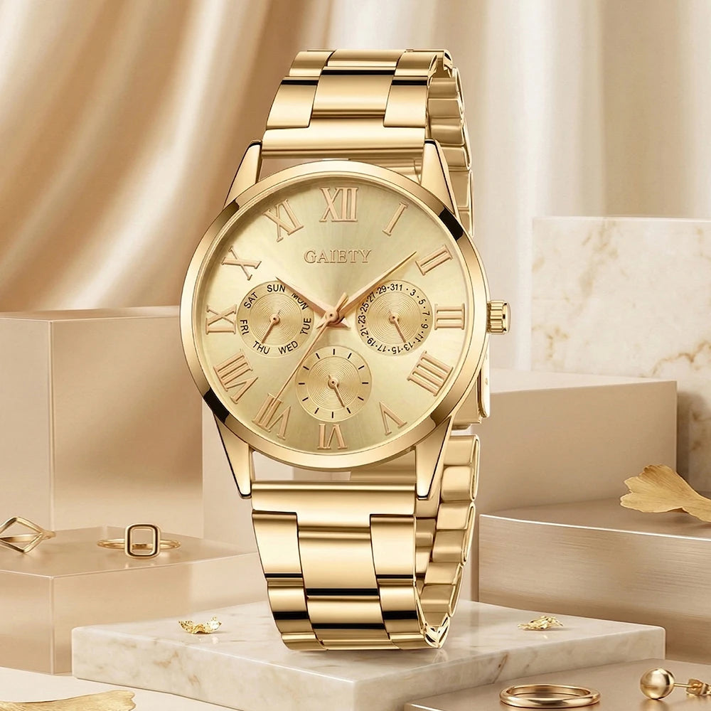 5Pcs/Set Unisex Jewelry Watches Women's Wristwatch Accessories Gold Fashion Business Elegant Classic Exquisite Retro Light Luxury Rhinestone Luxury Watch Set Y2K Party Gathering Daily Wear Birthday Holiday Gift Travel Vacatio