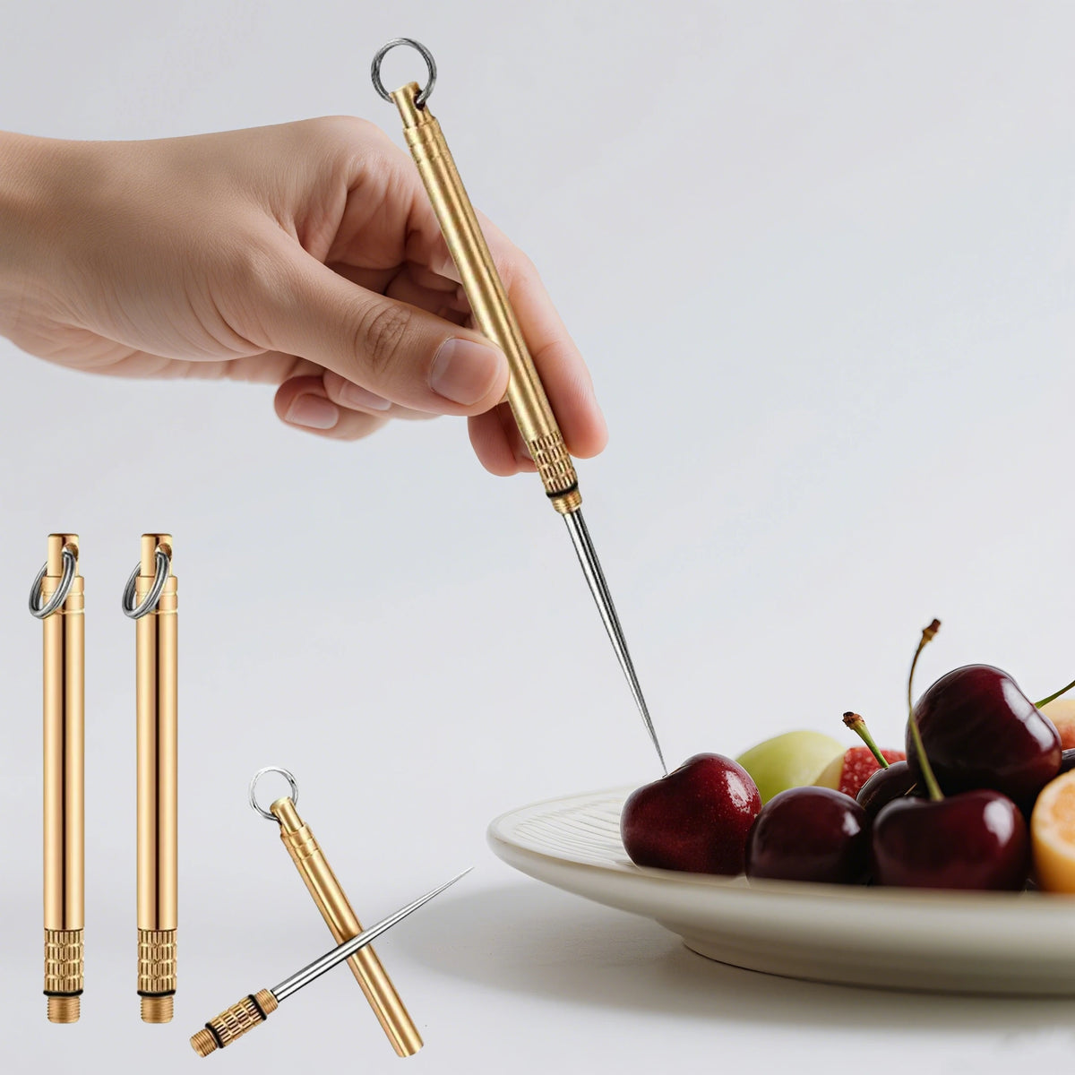 Titanium & Brass Toothpick, Portable Toothpick Bottle with Fruit Fork, Multifunctional Camping Tool, Stronger Than Dental Floss
