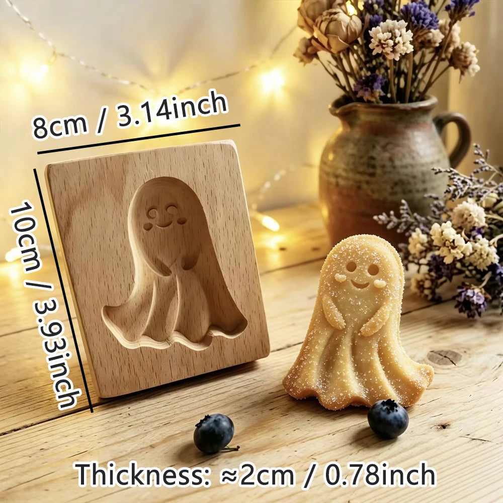 Wooden Cookie Mold Press for Baking, 3D Carved Beechwood Gingerbread Stamp, Halloween Pumpkin Ghost Embossing Cookie Cutter Mold