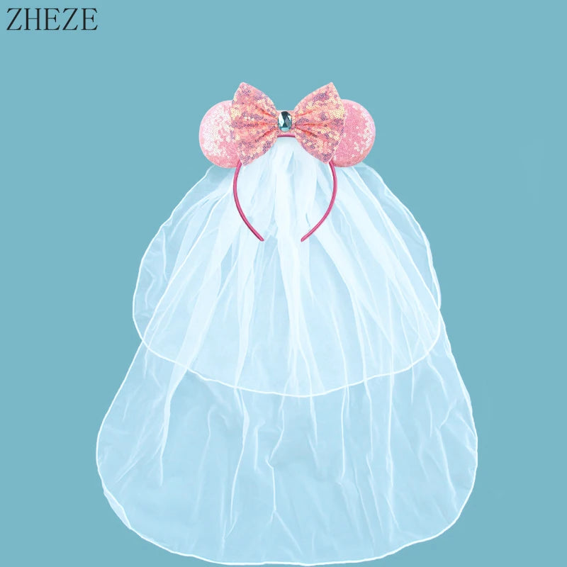 White Day Mouse Ears Headband With Veil Sequins 5"Bow Headwear For Women Festival Hairband Single Party DIY Hair Accessories