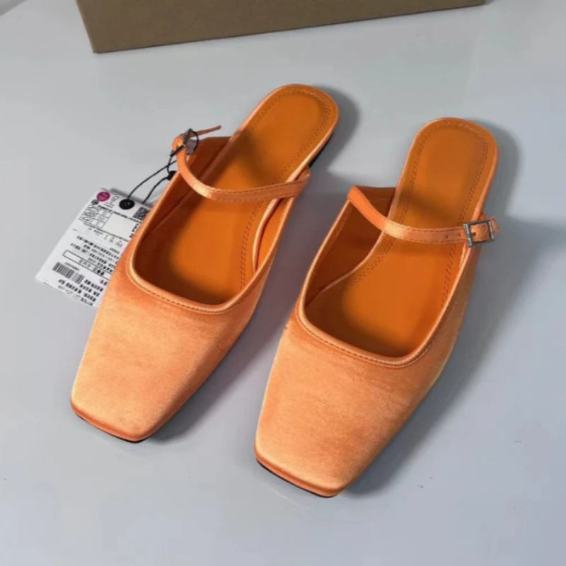 Summer Flat Sandals Woman 2026 New Square Toe Buckle Strap Breathable Satin Leisure Slingbacks Chic Mules Shoes for Ladies