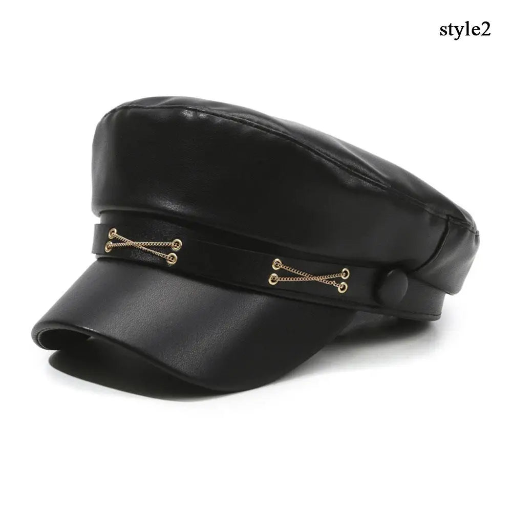 New PU Leather Beret Hat Autumn And Winter Versatile Beret Retro Flat Top Visor Adjustable Black Painter Hat Octagonal Cap