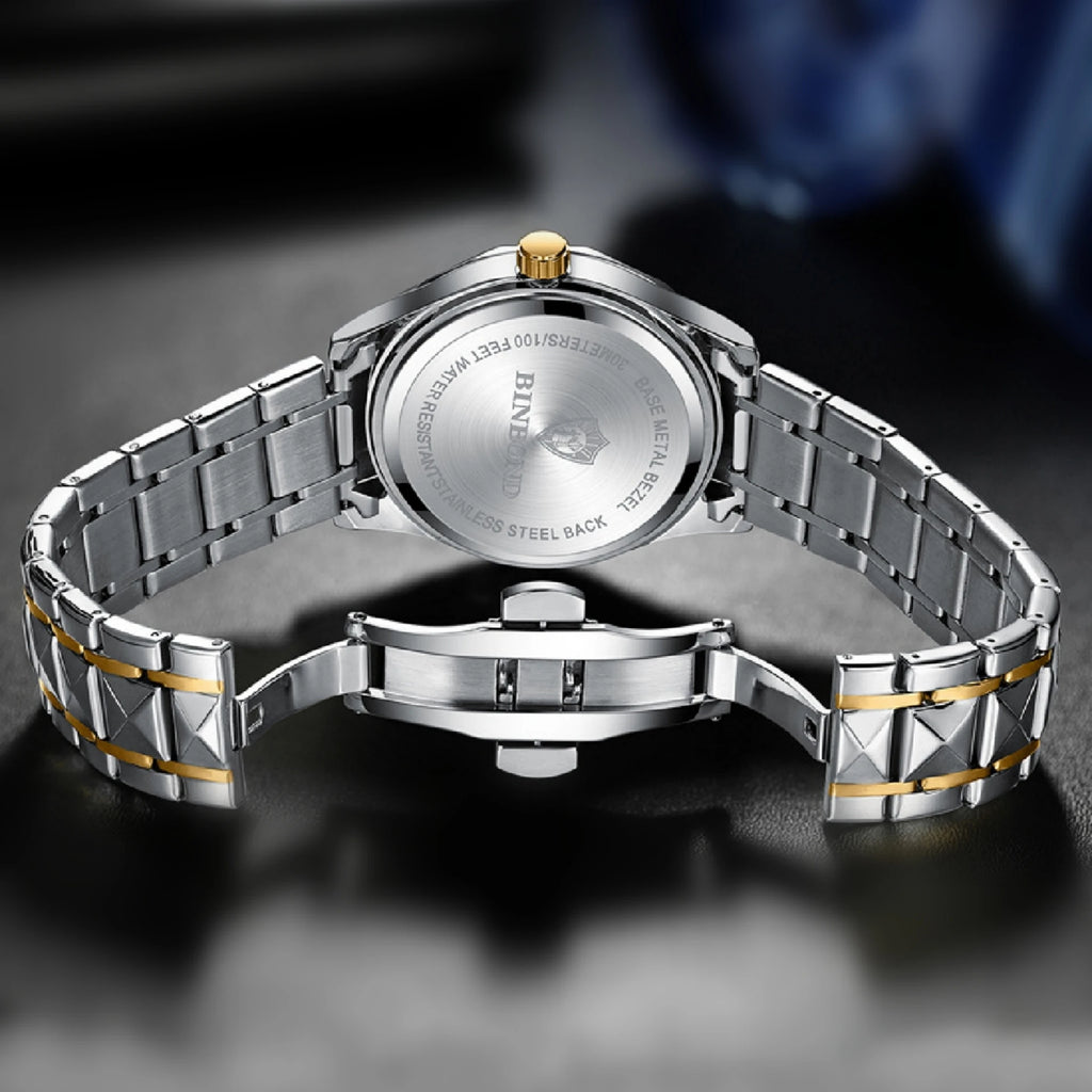 Business Watch Fashion Men's Watch 30M Waterproof Calendar Date Function Rhinestone Blue Dial Stainless Steel Strap Quartz Watch