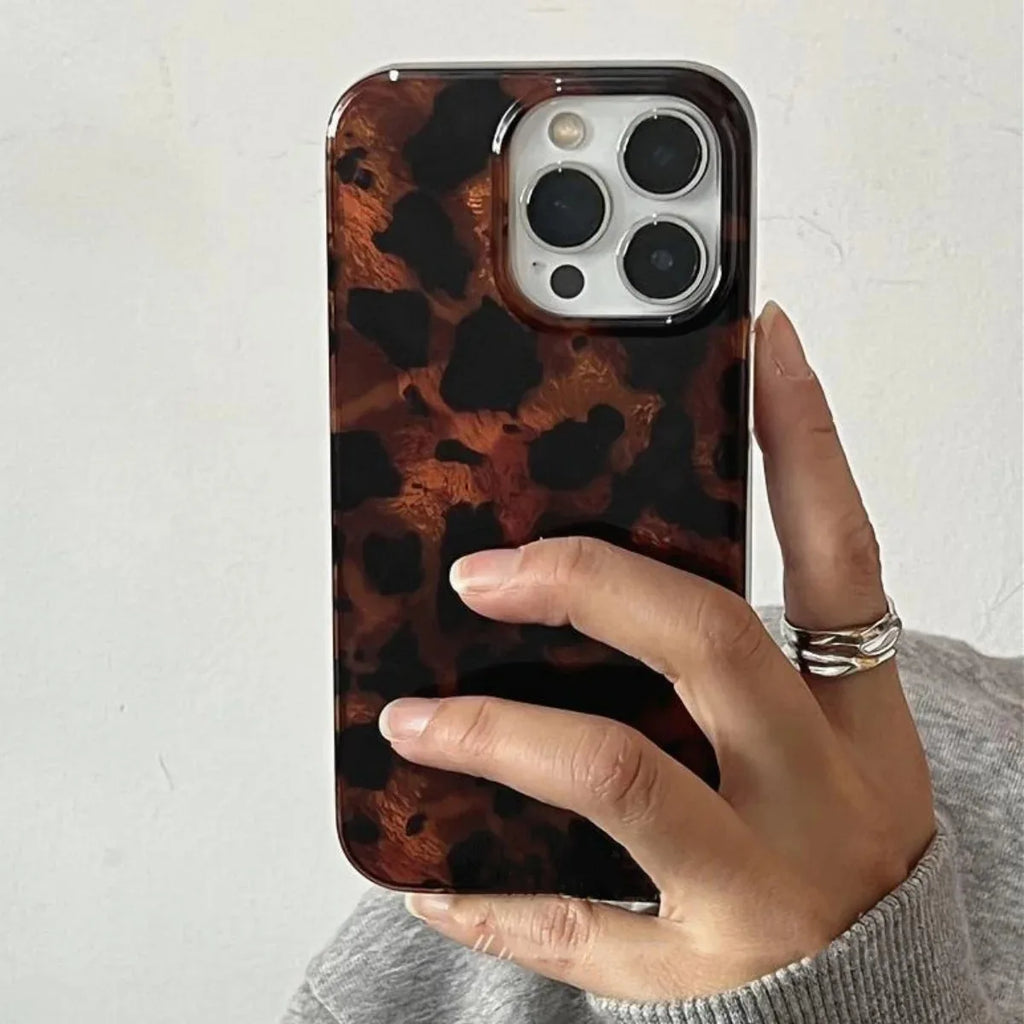 Retro Amber Texture Laser Phone Case For iPhone 18 17 16 Pro Max 15 14 13 12 11 XS XR 7 8 Plus Stylish Leopard Print Soft Cover