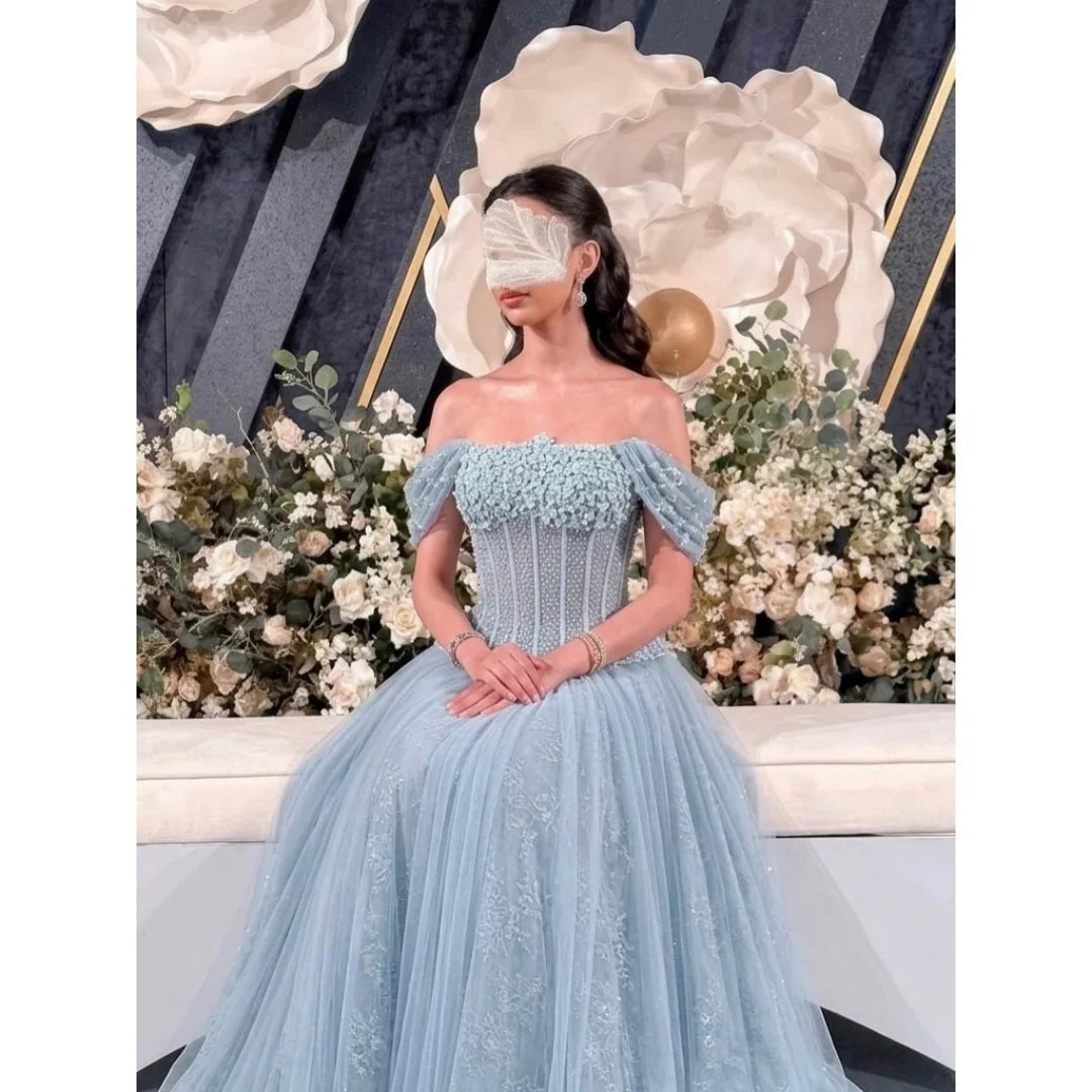 Bella Customized Lace Embroidery Floor-Length Prom Dress 3D Flower vestidos de noche Short Sleeve Crystal Evening Dresses 2026