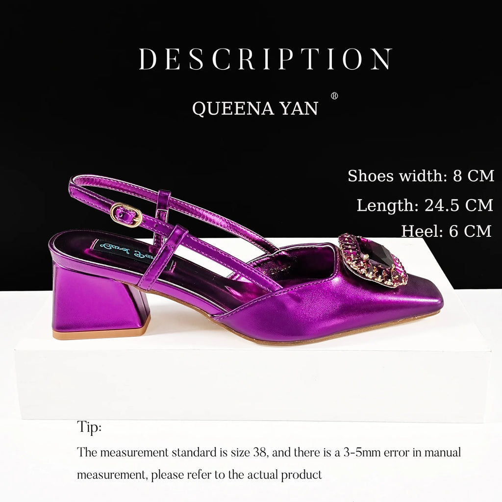 Queena Yan Elegant Comfortable Mid-Heeled Shoes Sparkling Diamonds Pointed-Toe Design Ladies High Heels