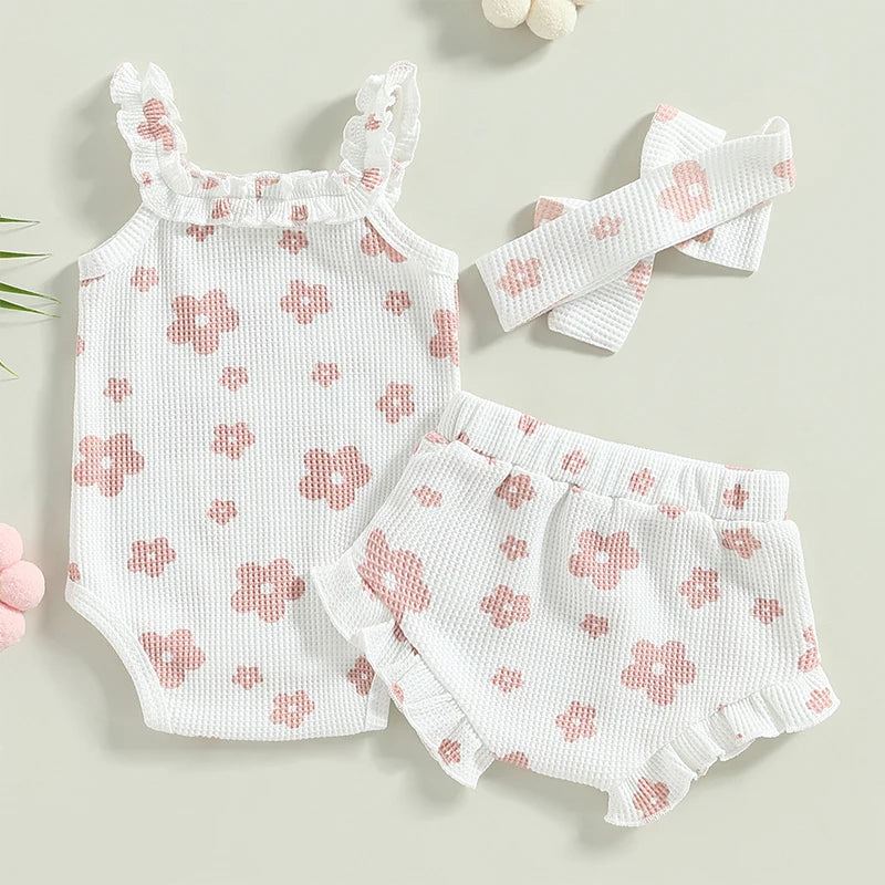 0-18Months Baby Girls 3Pcs Summer Outfits Floral Sleeveless Strap Romper + Shorts + Headband Set