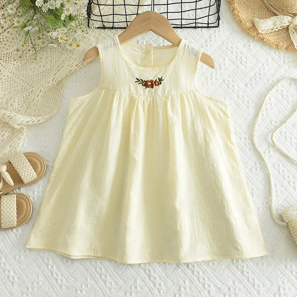 Bear Leader Korean Version Plain Color Girls Casual Dresses Summer Flower Embroidered Sleeveless Vest Dress Children's Clothing