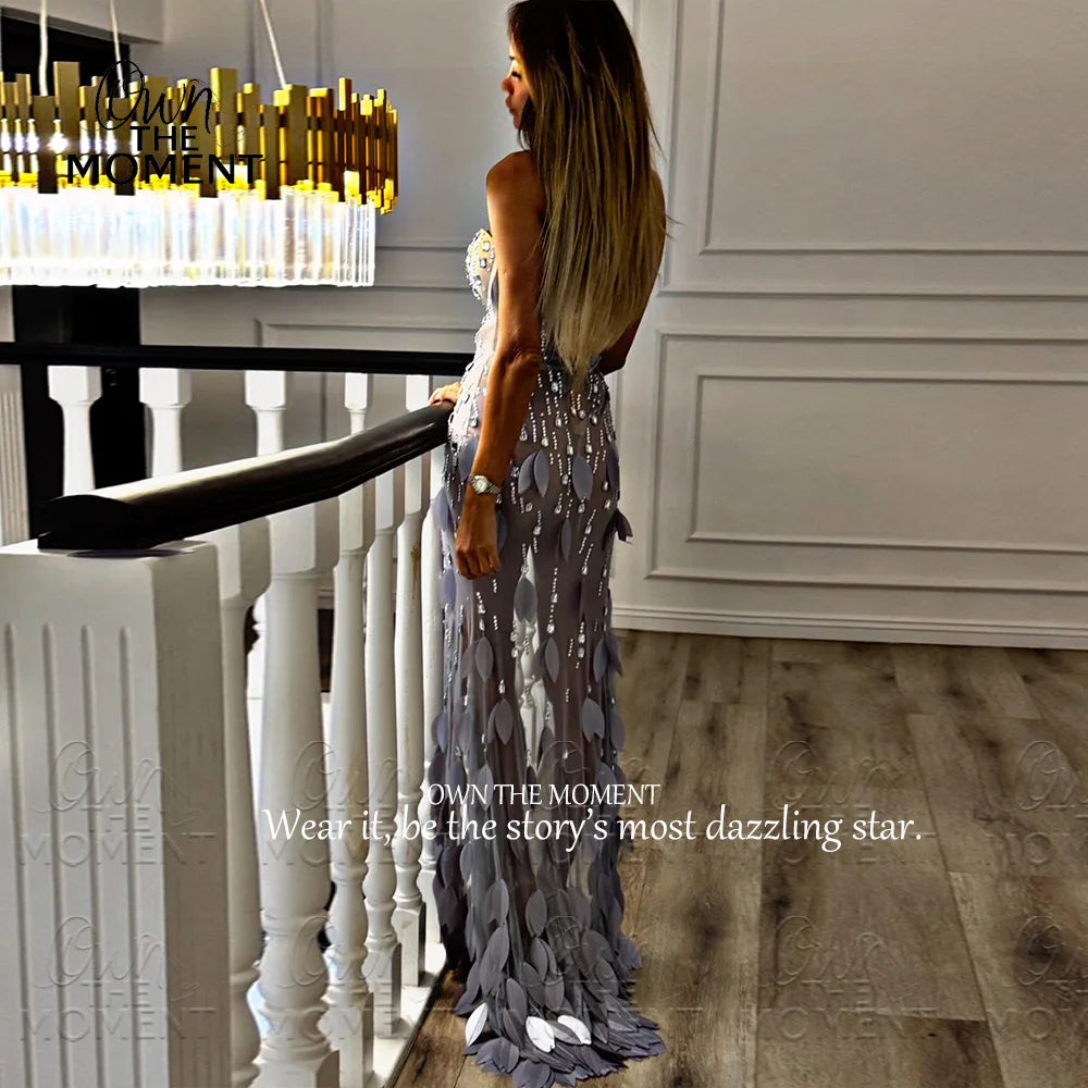 OTM Rhinestones Appliques Mermaid Prom Dress With High Side Slit Strapless Sky Blue Evening Dress Luxury Tulle Party Gown Custom