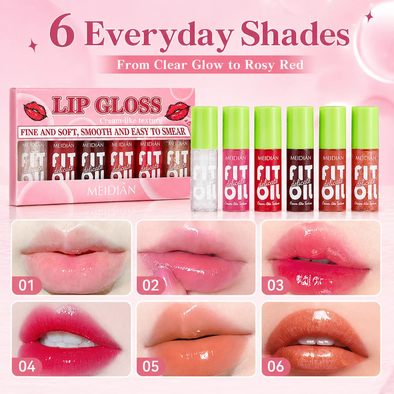 6Pcs Lip Oil Gloss Set, Hydrating High-Shine Non-Sticky Lip Gloss, Moisturizing Clear Pink Red Tint, Travel Makeup Gift