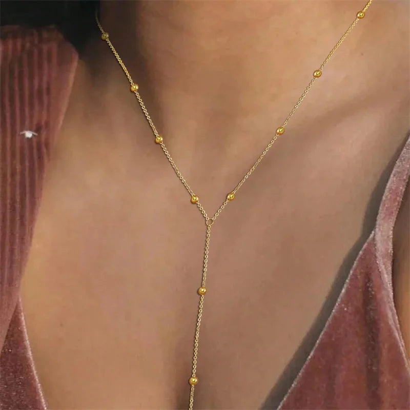 Vintage Gold Color Long Chain Drop Necklaces for Women Simple Metal Geometric Bead Tassel Choker Party Aesthetics Jewelry