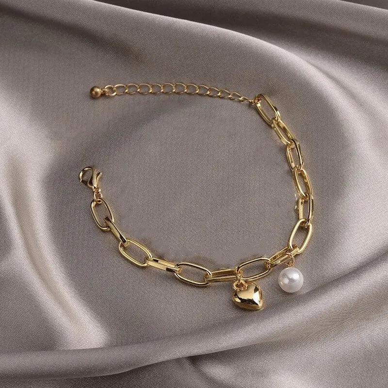 1pcs Gold-color Bracelet Ladies Simple Style Thick Cross Chain With Love Human Head Cross Pearl Pendant