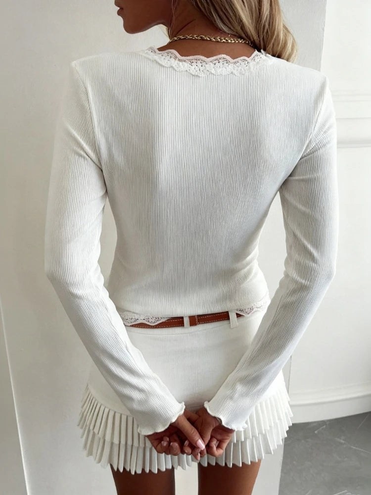 Casual Knitwear Lace V-Neck Cardigan Women Slim Solid Long Sleeves Commuting Cropped New Outwear Women's Knit Cardigan Top 2026