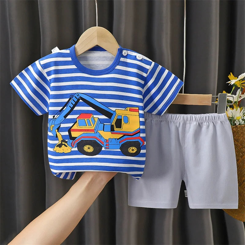 1-6 Y Kids Cartoon Excavator Striped T-Shirt+Shorts 2-Piece Set Cotton Pajama Baby Boys Girls Summer Casual Tracksuit Clothes Su