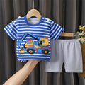 1-6 Y Kids Cartoon Excavator Striped T-Shirt+Shorts 2-Piece Set Cotton Pajama Baby Boys Girls Summer Casual Tracksuit Clothes Su