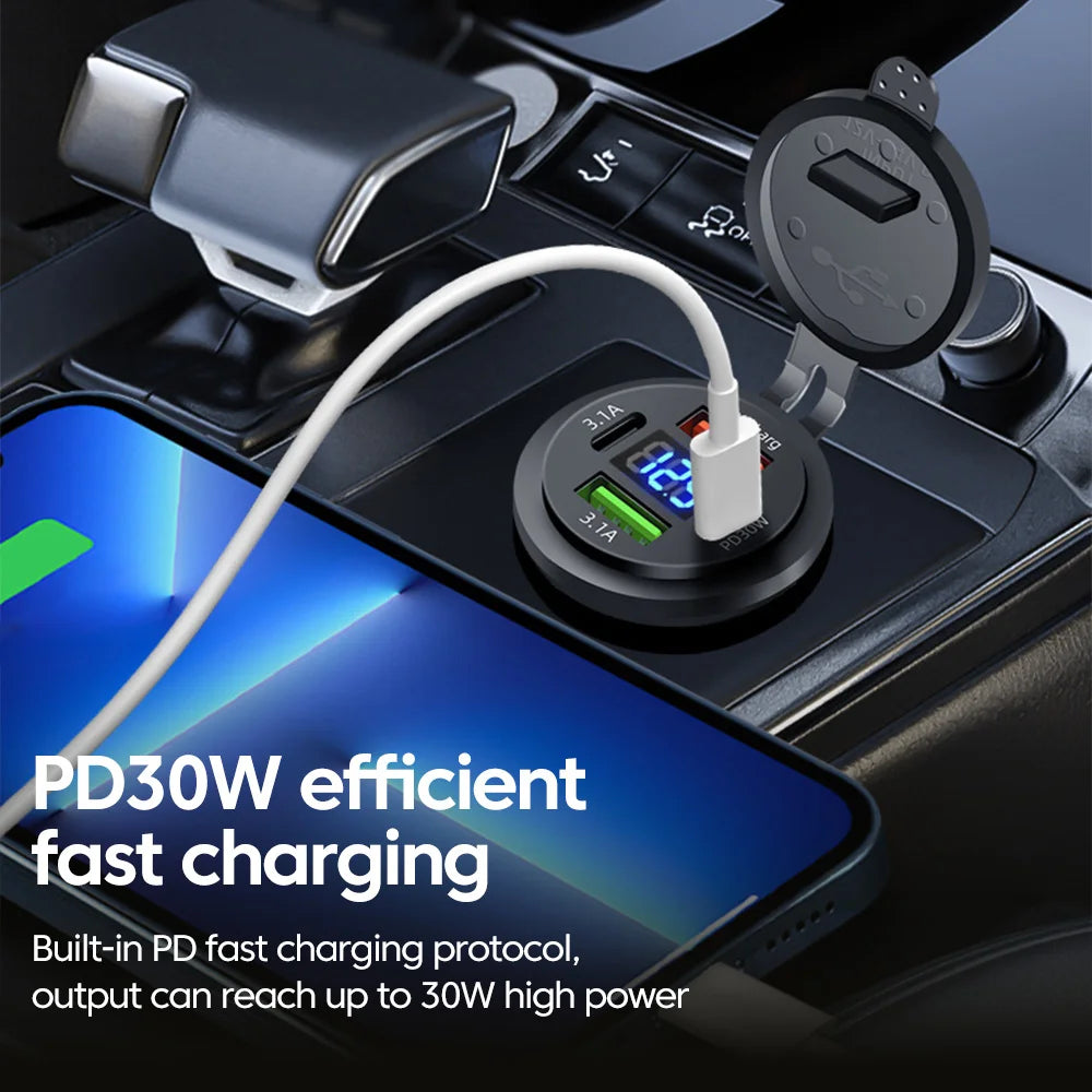 120W USB C Car Charger PD Dual QC 3.0 USB Fast Charging Charger with LED Voltage Display for Cars Boats Motorcycle Auto RV Truck