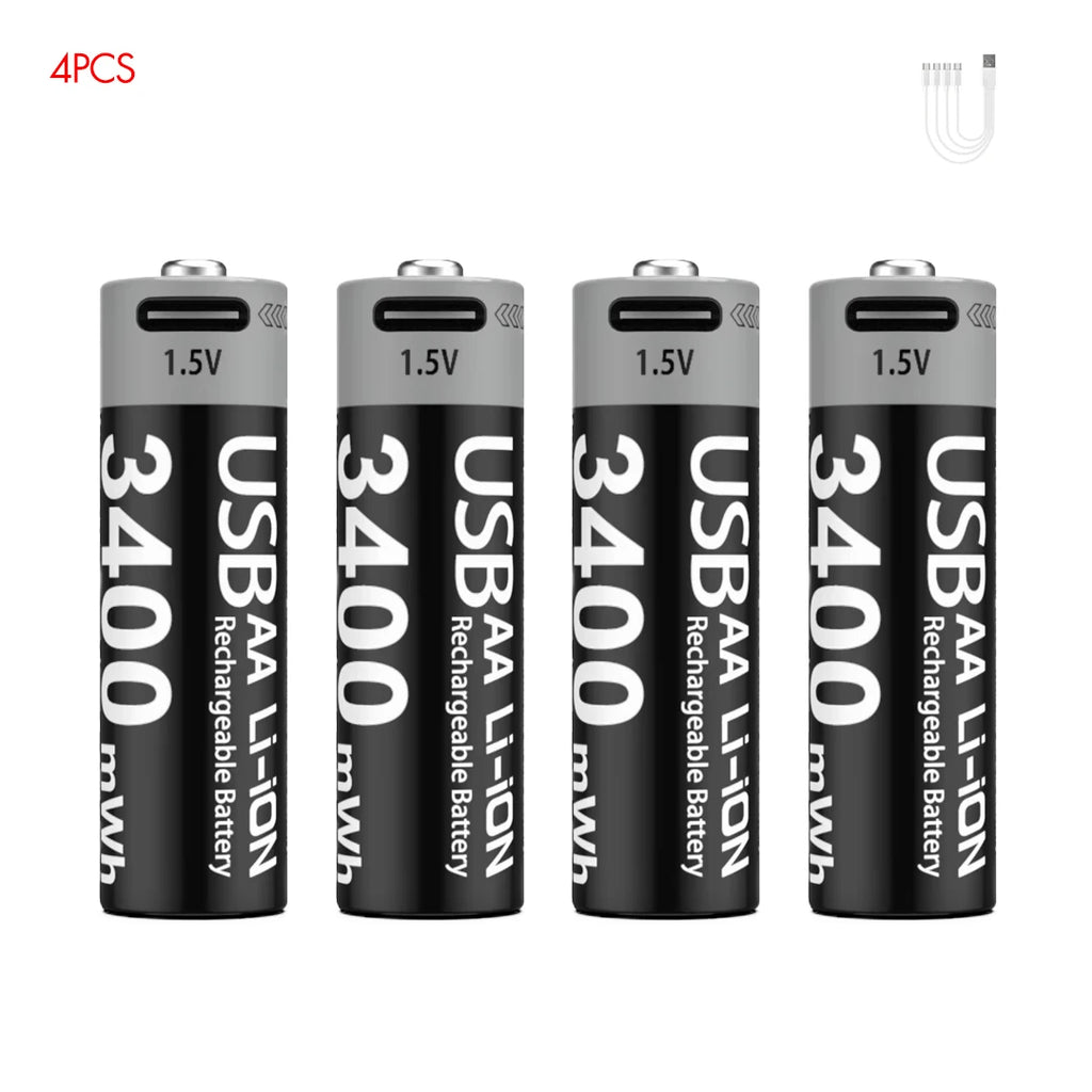 Kuugro High Capacity 1.5V 3400mWh AA Rechargeable Battery USB Type-C AA Li-ion Battery for Remote Control Smart Door Lock Toy