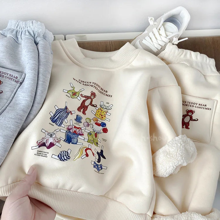 Winter Plush Warm Children's Sets Cute Bear Girls' Boys Thick Cartoon Printed Plush Sweater Pant 2 Pcs Casual Baby Cothes