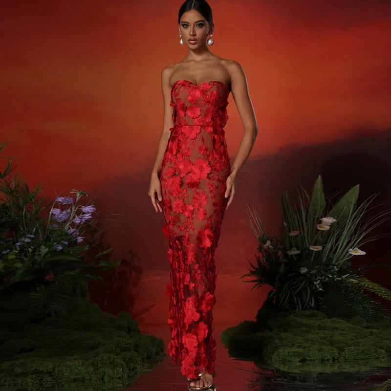 New Red Embroidered Flower Strapless Dress, Women's Slim and Sexy Party Dress, Long Skirt