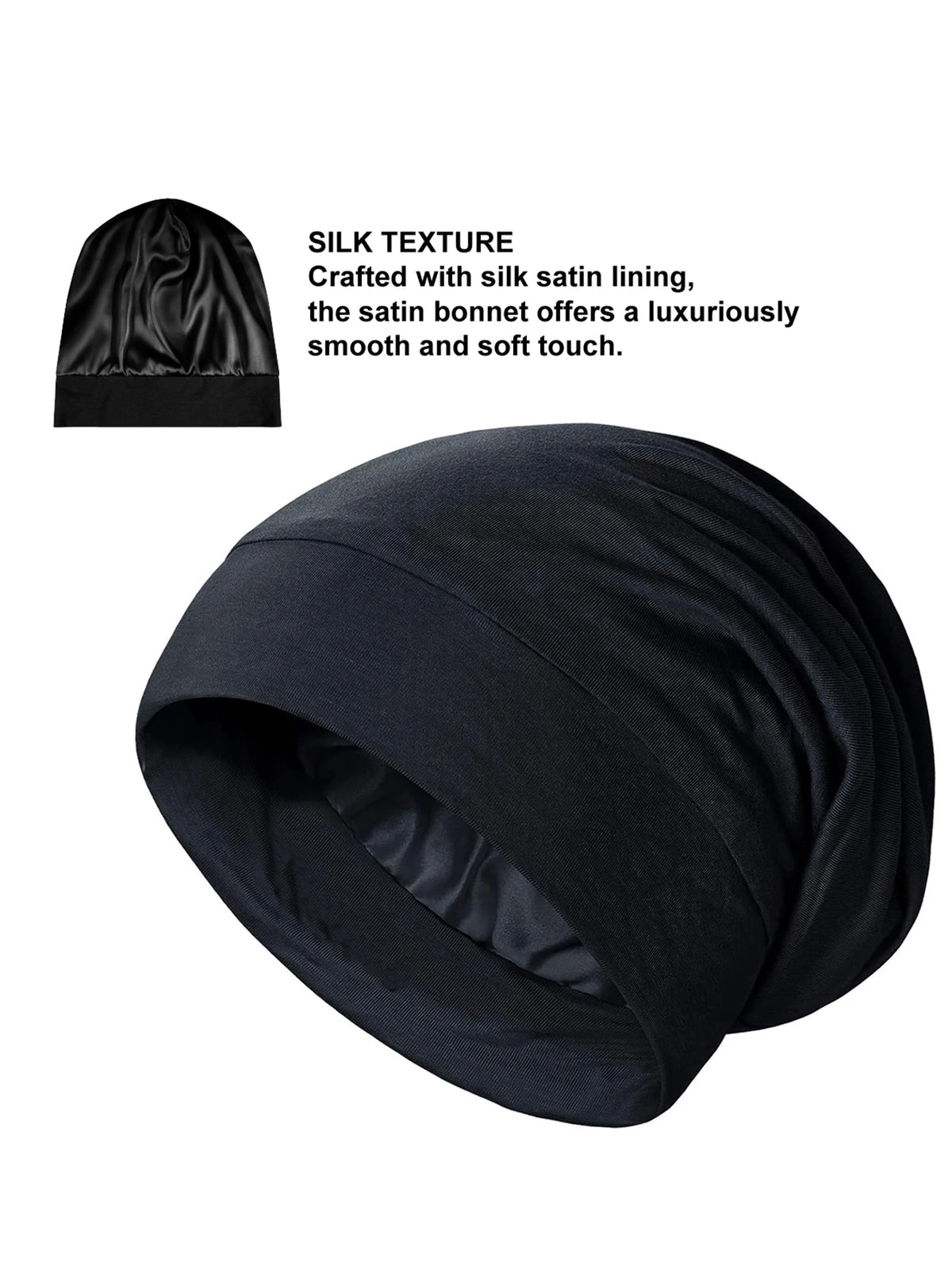 Women's Satin Bonnet Sleep Cap, Luxury Silk Satin Lined Night Hat, Anti-Frizz Hair Cover for Sleeping, Soft & Breathable Black B