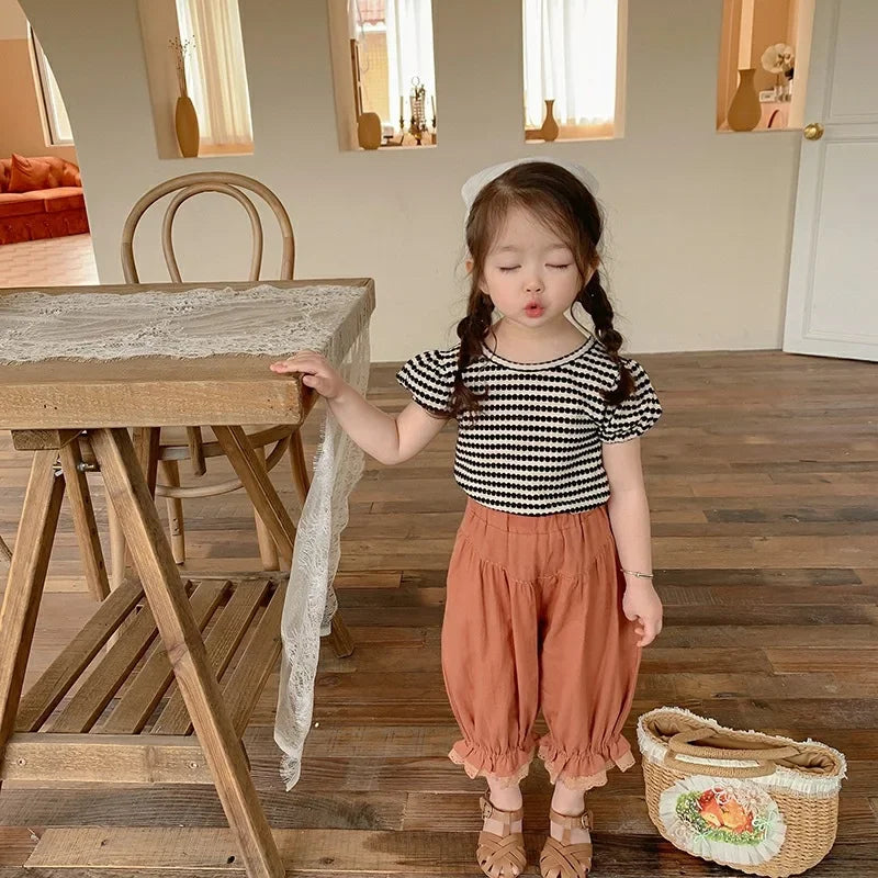 Summer New Korean Style Baby Girls Striped T-shirts Bowknot Backless Puff Sleeve Tops Toddlers Kids Tees