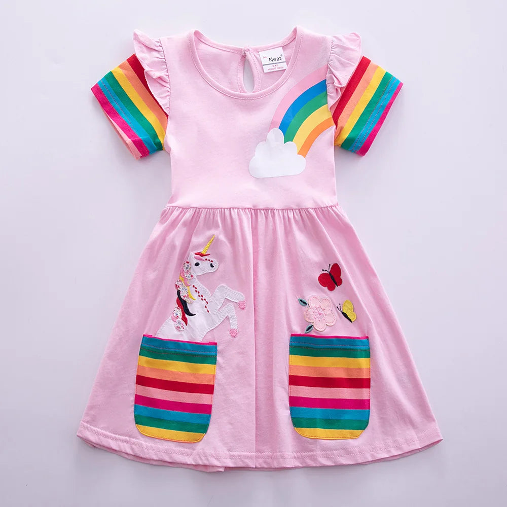 Girls' Short Sleeve Unicorn Dress New Summer Embroidered Two Pockets Rainbow Sleeve Children's SH81035