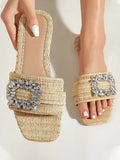 Aneikeh Summer Casual Fashion Square Headed Cane Knitted Flat Heels for Women Slippers Flat Bottom Crystal Sandals Beach Slides