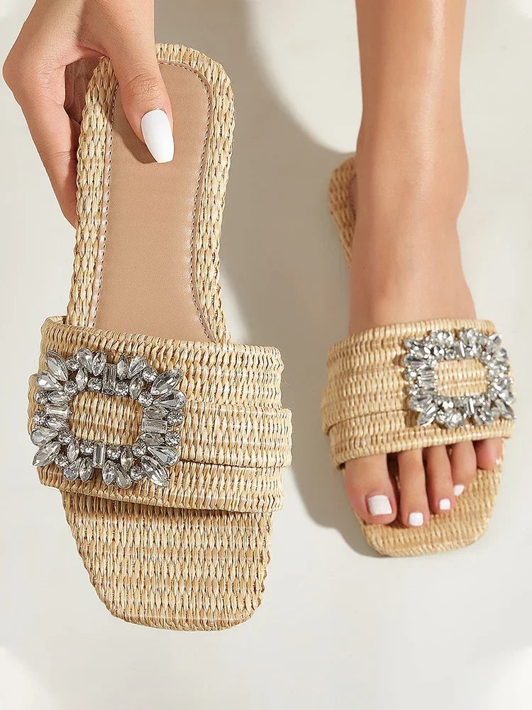 Aneikeh Summer Casual Fashion Square Headed Cane Knitted Flat Heels for Women Slippers Flat Bottom Crystal Sandals Beach Slides