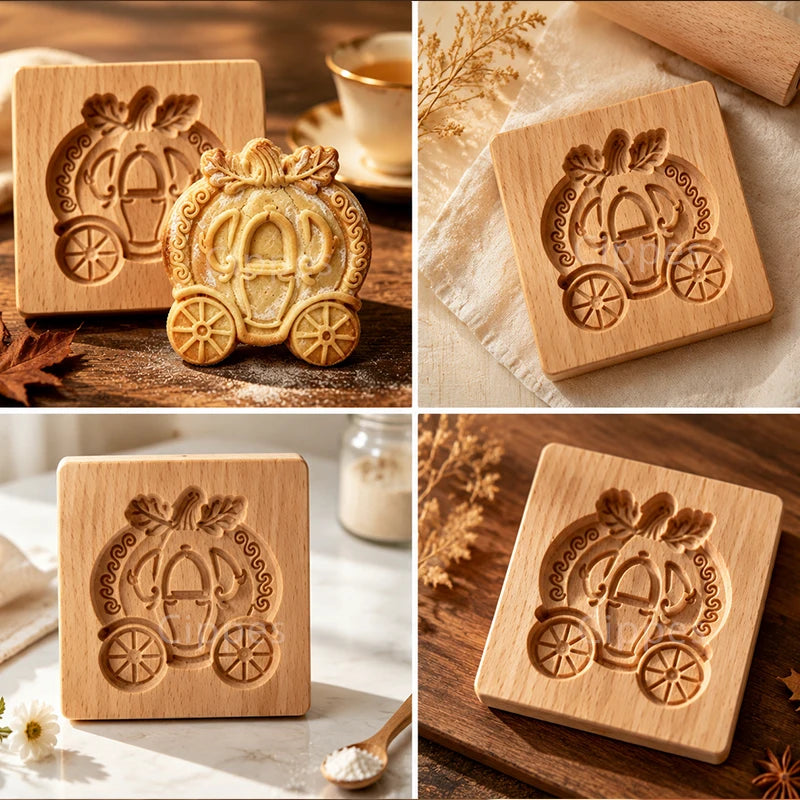 Wooden Cookie Mold Press for Baking, 3D Carved Beechwood Gingerbread Stamp, Halloween Pumpkin Ghost Embossing Cookie Cutter Mold