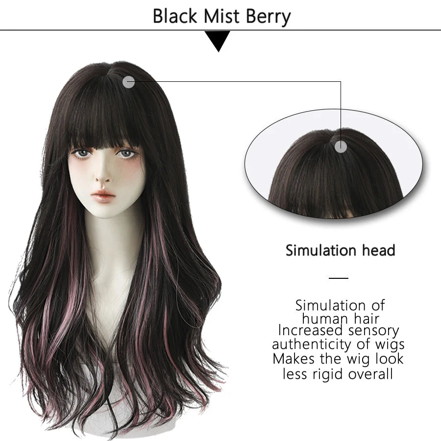 7JHH WIGS Long Wavy Curly Black Blonde Wig for Women Natural Highlight Synthetic Blend Wigs with Bangs Heat Resistant Hair Wig