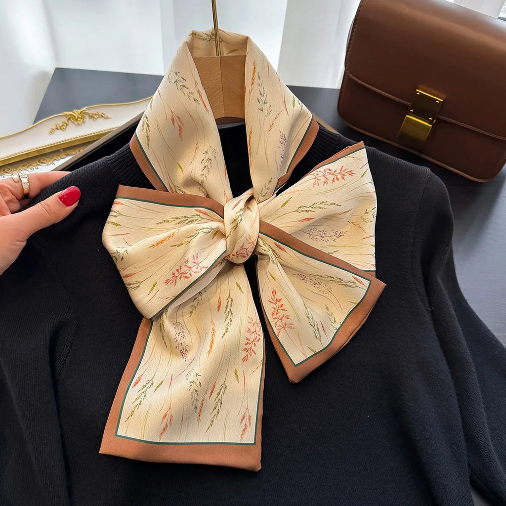 Floral Print 12*145cm Long Ribbon Silk Scarf Women Neck Scarves Headband Female Skinny Neckerchief Hair Band Neck Tie Bag Ribbon