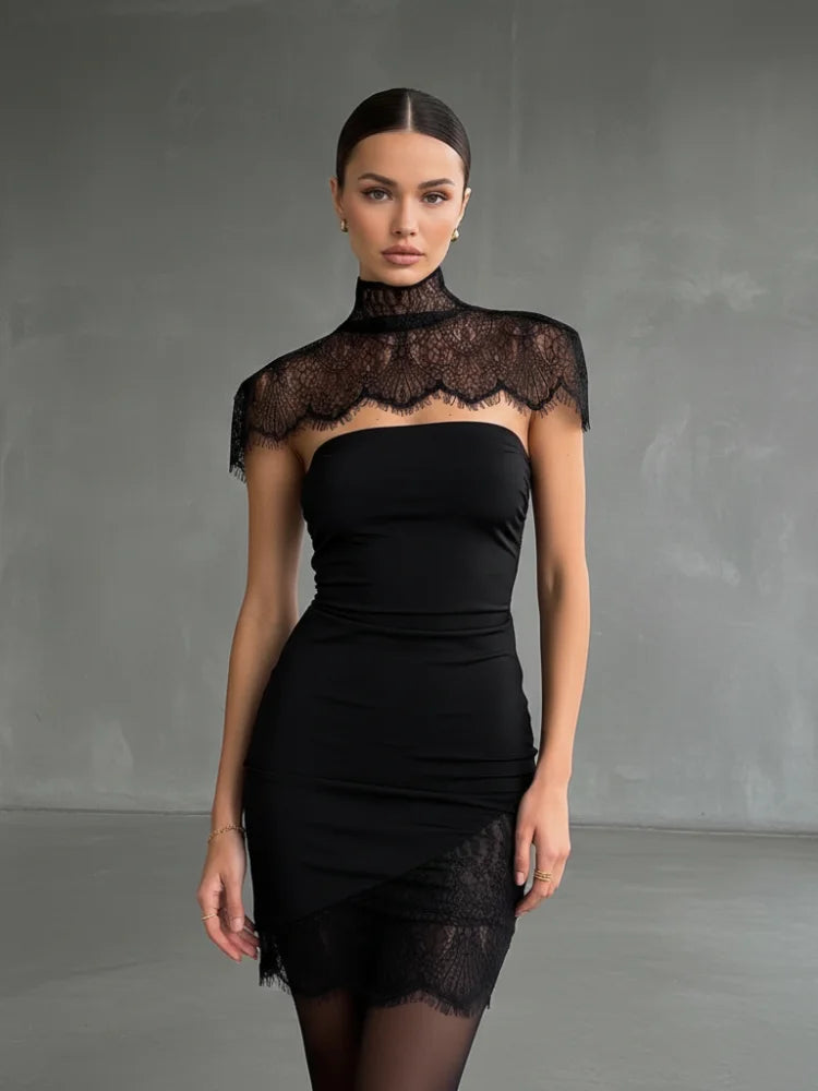Women's Cape Shawl Strapless Long Dress Sexy Solid Patchwork Lace Pleated Slim Maxi Dresses 2026 New Lady Evening Party Vestidos