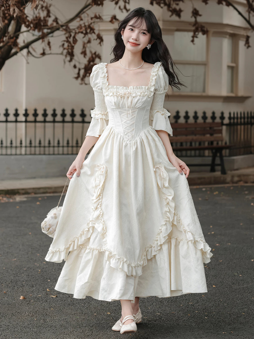 Fairycore Women Princess Party Midi Dress Square Collar Bow Fairy Ruffles Classical Dress Half Sleeve Gorgeous Feminine Dresses